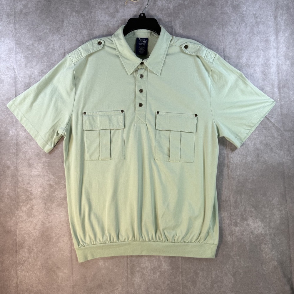 VTG 80s John Blair Shirt Men‎ XLG Green Banded Hem Short Sleeve Pockets Grandpa